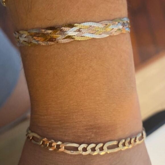 Tri-Color Gold over 925 Herringbone chain Bracelet - Picture 7 of 10